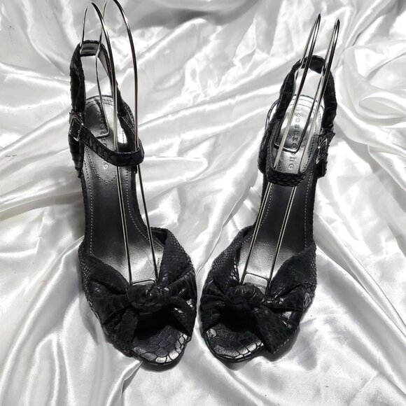 NEW APOSTROPHE black strappy snakeskin print sling back open toe heels  MALEK 9 - Picture 2 of 5
